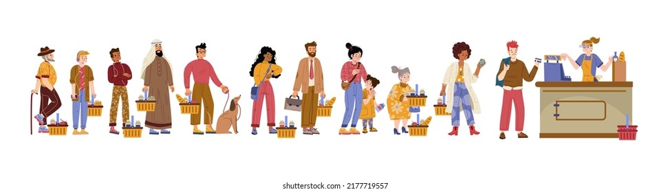 Diverse people in queue in supermarket. Vector flat illustration of different characters with food in baskets waiting in line to shop checkout with cashier