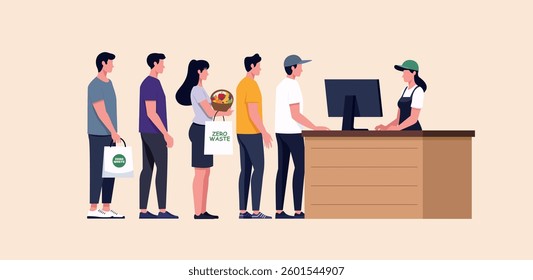 Diverse people queueing in line at grocery store checkout with zero waste shopping bags