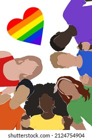 Diverse people in rainbow clothes hold each other's hands. Support for the LGBT community. Modern illustration.