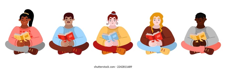 Diverse people read books. multi-cultural women and men sit and enjoy their hobby - reading. African american, caucasian, indian. Vector set of persons in cartoon style