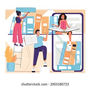 Diverse people reading and pick book from mobile bookshelf.  Students reading or studying and preparing for examination. Digital Online Education Application. Flat cartoon vector illustration.