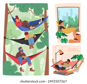 Diverse People Relaxing In Hammocks Both Outdoors And Indoors Portray A Sense Of Leisure, Relaxation, And Tranquility. Concept Of O Leisure, Summer, Relaxation, Home Comfort, And Outdoor Activities