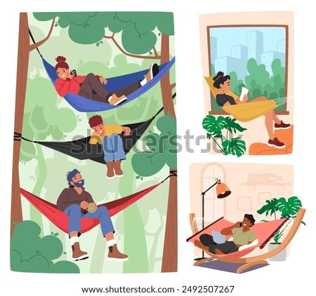 Diverse People Relaxing In Hammocks Both Outdoors And Indoors Portray A Sense Of Leisure, Relaxation, And Tranquility. Concept Of O Leisure, Summer, Relaxation, Home Comfort, And Outdoor Activities