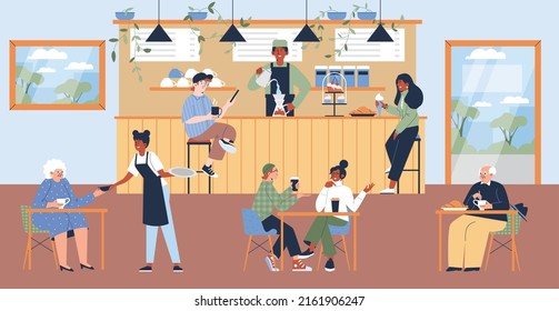 Diverse people relaxing in modern coffee shop or cafe, cozy interior, flat vector illustration. Cartoon characters of barista and customers. People chatting and drinking coffee or tea.