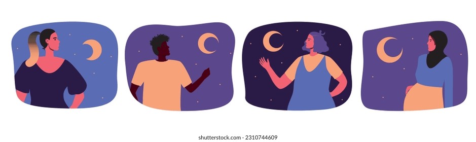 Diverse people with religion and faith and moon in the sky, prayer concept. flat vector stock illustration