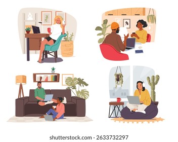 Diverse people remote employee characters working online at cozy home office cartoon scene isolated set. Man and woman alone and in pair sitting at desk using laptop computer vector illustration