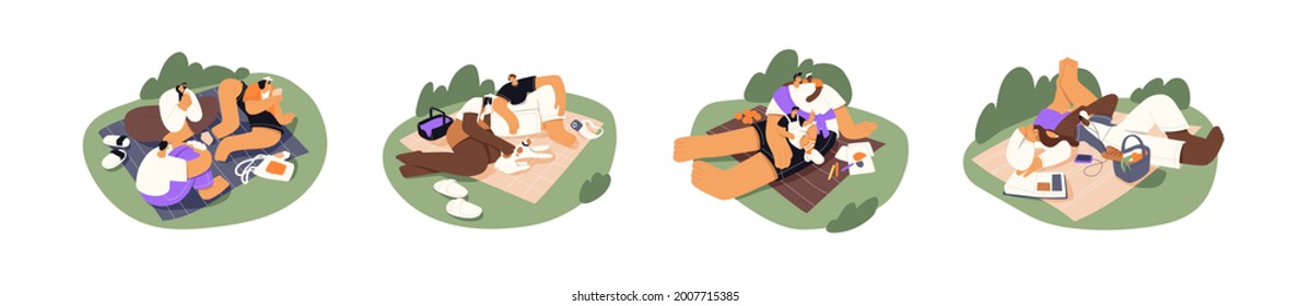 Diverse people resting on picnic blankets outdoors on summer holidays. Set of happy friends, families and couples relaxing in nature on weekends. Flat vector illustration isolated on white background.