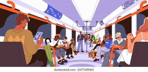 Diverse people ride on subway. Crowd sits on seats inside metro train, carriage. Passengers with kids, plants, dog in city underground. Commuters are in public transport Flat vector illustration