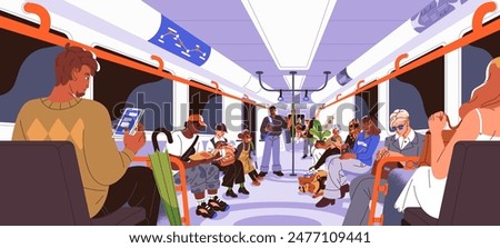 Diverse people ride on subway. Crowd sits on seats inside metro train, carriage. Passengers with kids, plants, dog in city underground. Commuters are in public transport Flat vector illustration