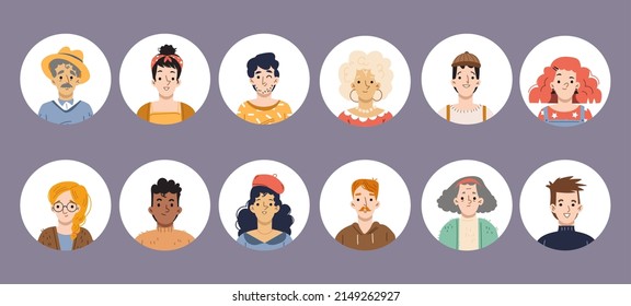 Diverse people round avatars, isolated icons with faces of young and old male and female characters. Men or women with different ages, appearance and hair color, Linear flat vector portraits set