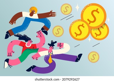 Diverse people run to get money strive for career success reach financial goal. Greedy employees in chase for cash and wealth. Competition and rivalry. Finance and banking. Vector illustration. 