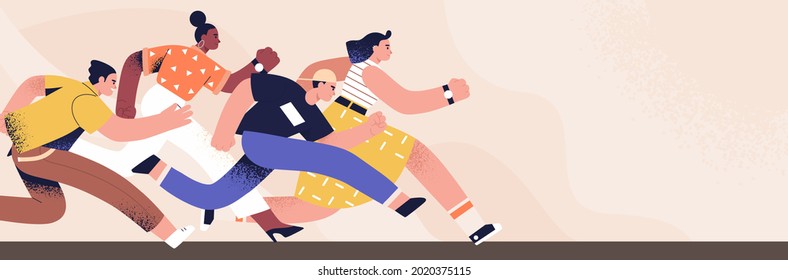 Diverse People Running Fast To Success In Competition. Banner With Team Of Male And Female Runners At Race. Concept Of Work Marathon, Business And Career Challenge. Colored Flat Vector Illustration