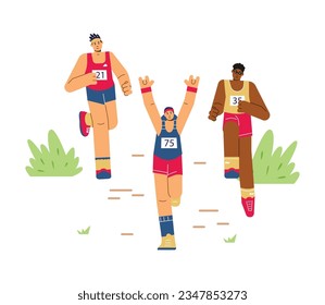 Diverse people running marathon, flat vector illustration isolated on white background. Men and women taking part in sports competition. Concept of healthy lifestyle and challenges.