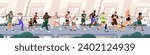 Diverse people running an urban marathon. Runners jogging on city streets side view. Healthy joggers and with disability move on race, competition. Inclusive sport training. Flat vector illustration