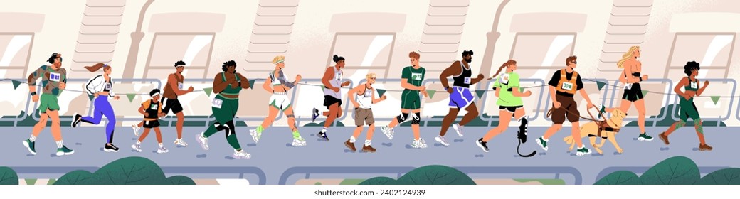 Diverse people running an urban marathon. Runners jogging on city streets side view. Healthy joggers and with disability move on race, competition. Inclusive sport training. Flat vector illustration