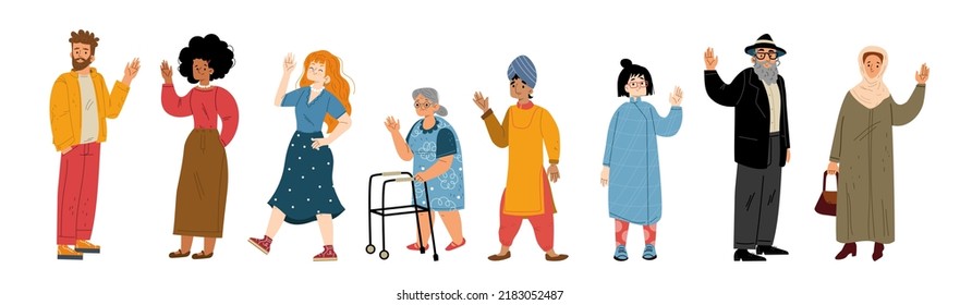 Diverse People Say Hello, Greeting, Waving Hands. Multinational Happy Young And Old Male And Female Characters Positive Friendly Gestures, Body Language, Welcome, Line Art Flat Vector Illustration