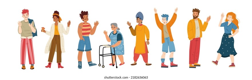 Diverse People Say Hello, Waving Hands. Multinational Happy Young And Old Male And Female Characters Greeting Gesturing, Positive Friendly Gestures, Body Language, Line Art Flat Vector Illustration