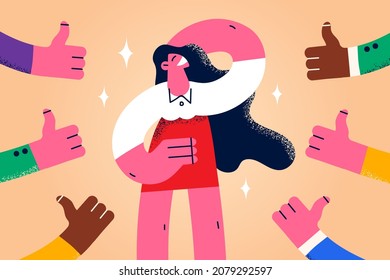 Diverse people show thumbs up to glamorous elegant woman. Smiling young girl feel popular get likes and feedback from subscribers in social media. Recognition, public popularity. Vector illustration.