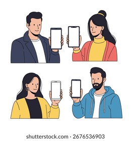 Diversas Pessoas Mostrando Novas Telas De Celular Juntas