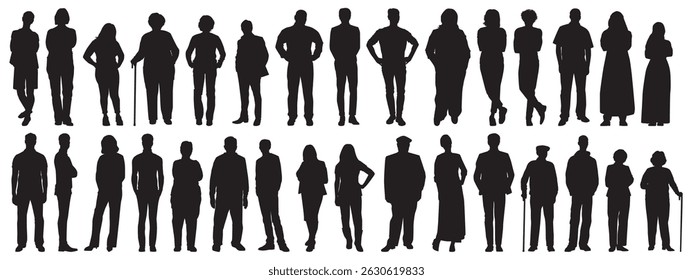 Diverse people silhouette collection. Different age, body types, shape, various race , fat, tall, short. 
