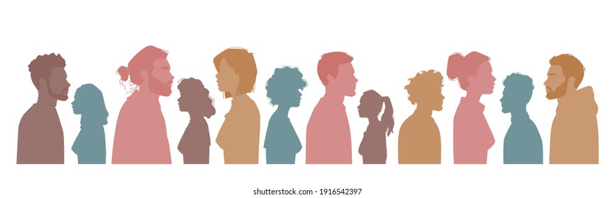 Siluetas de personas diversas, multirraciales, multiculturales de hombres y mujeres, retratos de vista lateral. Grupo vector de ciudadanos caucásicos afroamericanos. Popularidad multiétnica, igualdad, unión