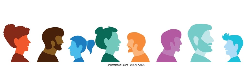 Siluetas de personas diversas, multirraciales, multiculturales de hombres y mujeres, retratos de vista lateral. Grupo vector de ciudadanos caucásicos afroamericanos. Popularidad multiétnica, igualdad, unión