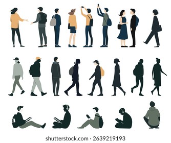 Diverse people silhouettes set. Flat collection of men and women standing, walking, sitting. Black and colored