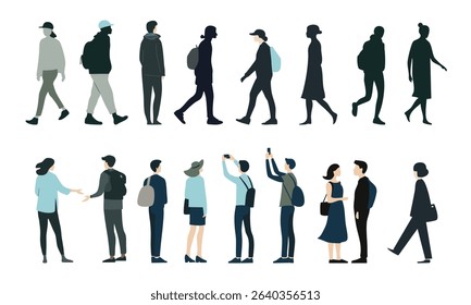 Diverse people silhouettes set. Flat collection of men and women standing, walking. Tourists. Black and colored