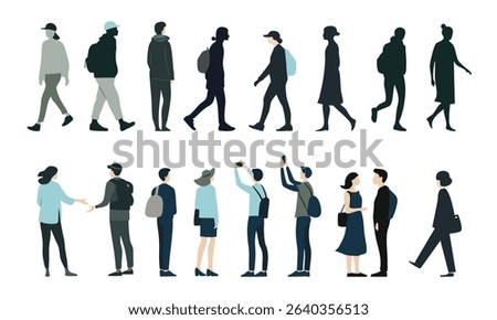 Diverse people silhouettes set. Flat collection of men and women standing, walking. Tourists. Black and colored