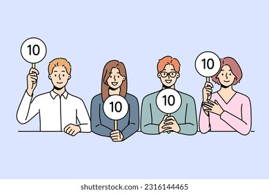 Diverse people sit at desk giving points to contestants. Smiling judges evaluate performance or competition. Vector illustration. 