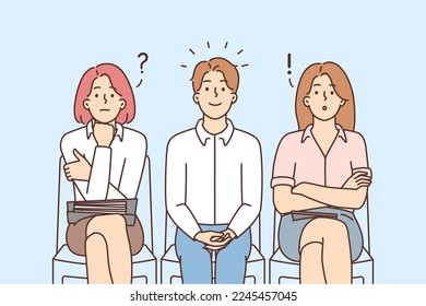 Diverse people sit in line waiting for interview. Female employees confused and frustrated with successful male job applicant in hallway. Vector illustration. 