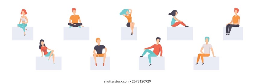 Diverse People Sitting in Different Pose Vector Set