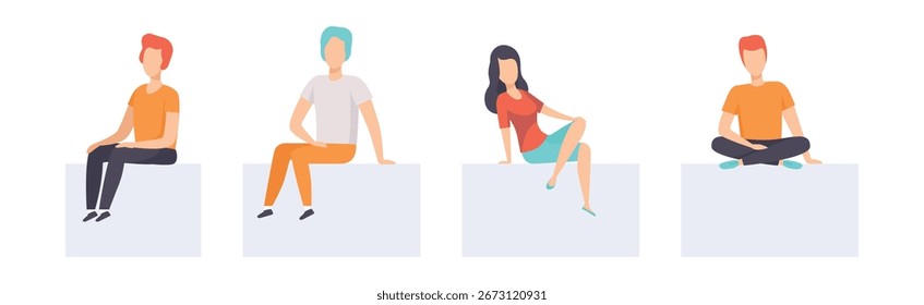 Diverse People Sitting in Different Pose Vector Set
