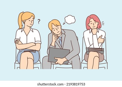 Diverse people sitting in line waiting for interview. Bored frustrated employees in queue for recruitment talk. Employment concept. Vector illustration. 