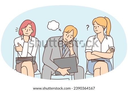 Diverse people sitting in line waiting for interview. Bored frustrated employees in queue for recruitment talk. Employment concept. Vector illustration.