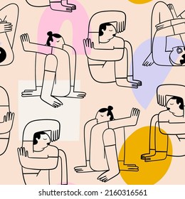 Diverse people sitting or lying in different poses. Cute abstract disproportionate characters. Hand drawn modern Vector illustration. Cartoon trendy style. Square seamless Pattern, background