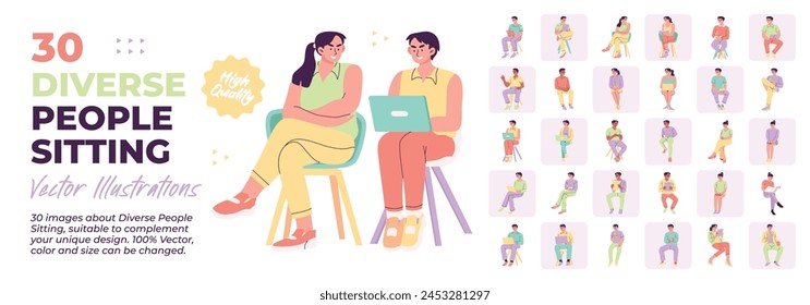 Diverse People Sitting. Mega Set. Collection of various people sitting working, relaxing, playing on smartphones, tablets, reading books Activity. Vector Illustration