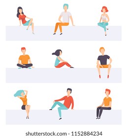 Diverse people sitting on different positions set, young faceless guys and girls in casual clothes sitting down vector Illustrations on a white background