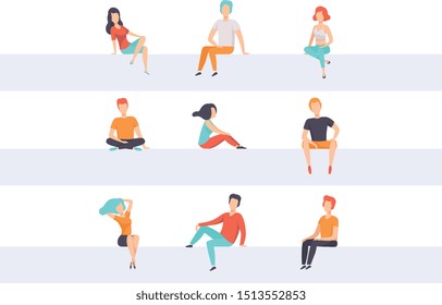 Diverse people sitting on different positions set, young faceless guys and girls in casual clothes sitting down vector Illustrations on a white background