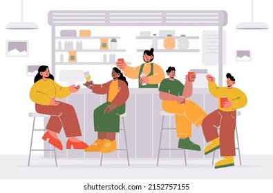 Diverse people sitting on stools in bar or pub. Vector flat illustration of cafe or restaurant interior with bar counter, shelves with bottles, happy men and women with drinks and bartender girl