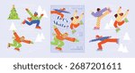 Diverse people skating on ice rink among fir trees with poster Lets Skate. Fun outdoor winter activity, festive Christmas mood and snow. Vector illustration for holiday card, banner, poster