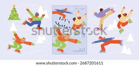 Diverse people skating on ice rink among fir trees with poster Lets Skate. Fun outdoor winter activity, festive Christmas mood and snow. Vector illustration for holiday card, banner, poster