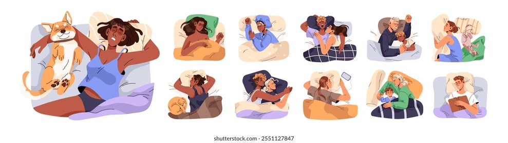 Pessoas diversas dormem tranquilamente. Homens, mulheres e crianças cochilam, deitados na vista superior da cama. Famílias adormecidas, casais abraçam, descansam, relaxam em travesseiros à noite. Ilustração de vetor isolado plano sobre fundo branco