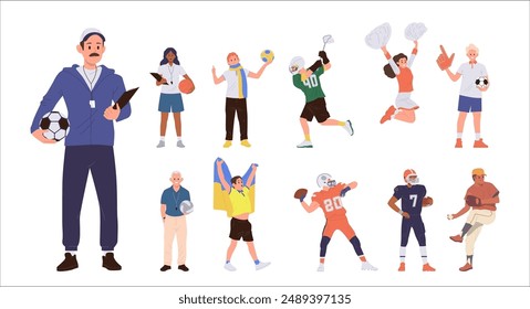 Diverse people sports lover cartoon male female characters standing isolated on white background