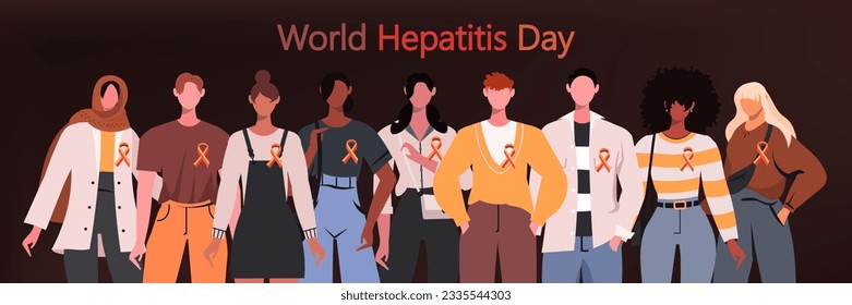 Diversas personas se alinean lado a lado con cintas amarillas y rojas, un símbolo de solidaridad global con los pacientes de hepatitis. Día Mundial de la Hepatitis. Concepto de Medicina y Salud. Vector plano 