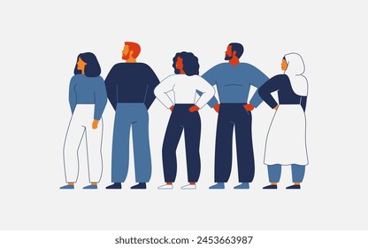 Diverse people stand together and looking in the same direction. Business team of men and women of different cultures and ethnicities. Gender equality and social unity. Flat Vector illustration