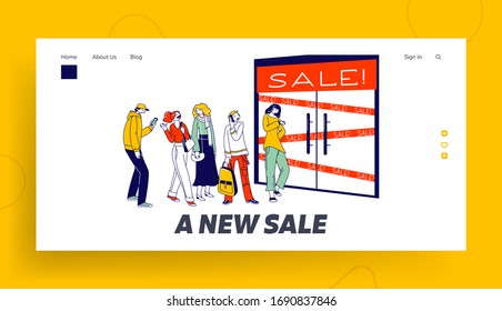 Diverse People Standing in Queue Waiting Boutique Shop Doors Opening Landing Page Template. Customer Characters Wait Shopping in Store, Sale, Discount and Special Offer. Linear Vector Illustration