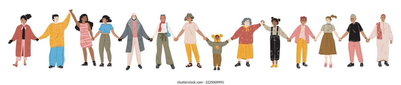 Diverse people standing together holding hands vector