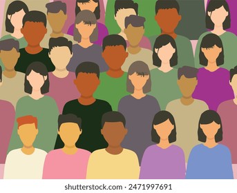 Verschiedene Menschen stehen zusammen. Multikulturelle Gruppe von Menschen Hintergrund (europäisch, asiatisch, amerikanisch). TV-Konzept zeigen. In: Human Social Diversity Crowd. Vektorillustration