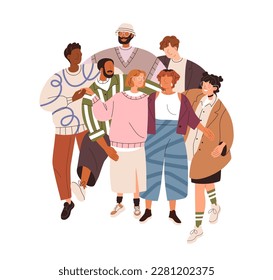 Diverse people standing together, portrait. Men and women group, team hugging, embracing. Community, partners. Togetherness concept. Flat graphic vector illustration isolated on white background